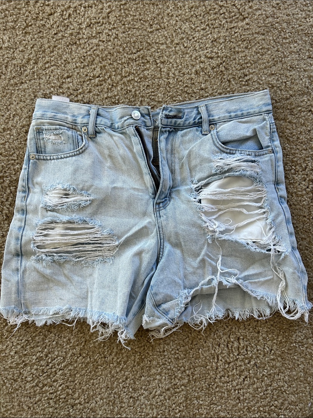 American Eagle Outfitters Light Blue Distressed High Waist Denim Shorts